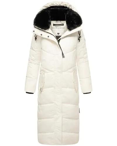 Navahoo Damen Wintermantel - Warmer Steppmantel mit Abnehmbarer Kapuze in Off White - Funktionsjacken: Eleganter, extralanger Wintermantel mit kuscheligem Kunstfellkragen, ideal für kalte Temperaturen und vielseitige Styles.