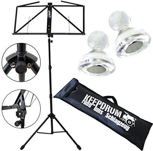 keepdrum MUS3BK Notenstaender Schwarz + Tasche + 2 Stück Notenpult Magnete