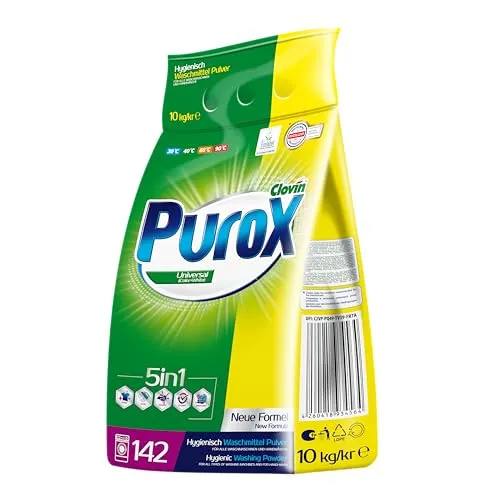 PUROX Universal Waschpulver 10 kg, 142 Waschladungen, für alle Textilien | Flecklösend, effizient und mit Kalkschutz