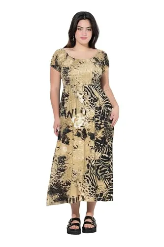 Angel of Style Damen große Größen Übergrößen Plus Size Maxikleid, A-Line, Jersey, Leo, gesmokte Büste Champagner beige 46 833260313-46