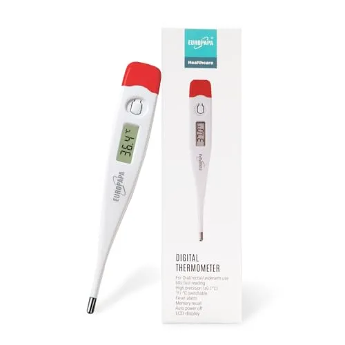 EUROPAPA Digitales Fieberthermometer für Babys, Kinder und Erwachsene, Thermometer für oral, axillar oder rektal, wasserdicht mit Fieberalarm (Rot)