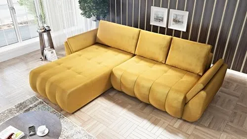 DMSM Faro Ecksofa mit Schlaffunktion, 280x183 cm, Fleckenabweisender Stoff, Bettkasten, Universal L-Form (Gelb)