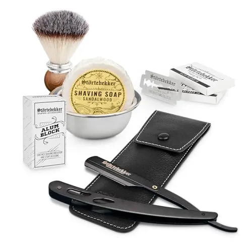 Störtebekker® Premium Rasiermesser Set Schwarz im handgefertigten Lederetui (Schwarz) - mit Rasierpinsel, Rasierschale, Rasierseife, Alaunstein und Rasierklingen - hochwertiges Nassrasierer Rasierset