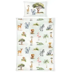 Herding babybest Flanell-Bettwäsche Safari - 2-teiliges Set aus 100% Baumwolle mit atmungsaktivem Safari-Wendemotiv für angenehme Träume, ideal für Babys. Pflegeleicht und waschbar bei 60°C.