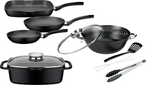 GSW Gourmet Granit Topf-Set, schwarz - 3-teiliges Induktions-Kochgeschirr aus Aluminium-Guss mit langlebiger Vitaflon® Granit-Antihaftbeschichtung. Optimal für gesunde Küche, energiesparend durch FerroTherm® Boden und inklusive praktischer Abgießfunktion.