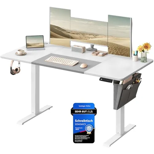 SONGMICS Höhenverstellbarer Schreibtisch elektrisch, 140 x 60 cm, stufenlos verstellbar, Memory-Funktion mit 4 Höhen, wolkenweiß-Taubengrau LSD016W02