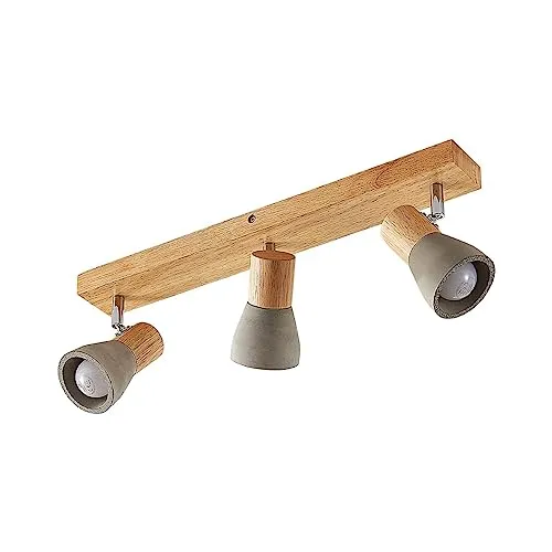 Lindby Strahler Filiz - Skandinavisch mit Beton und Holz - Baustrahler in betongrau und hellem Holz, ideal für skandinavische und industrielle Wohnstile. Stilvolle Kombination aus Materialien für ein modernes Ambiente.