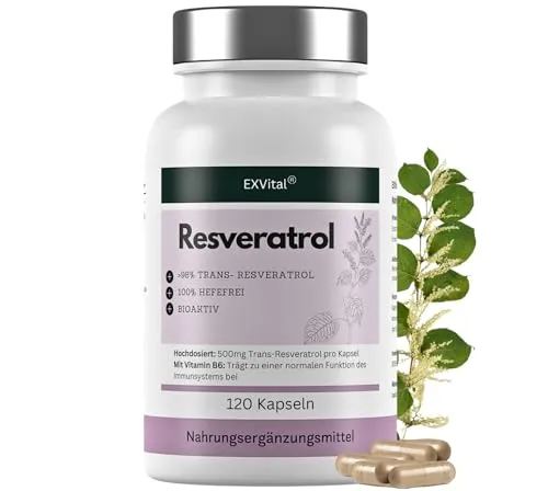 EXVital® Resveratrol Kapseln, 98% Trans-Resveratrol, 500mg pro Kapsel, 120 vegane Kapseln, vegan & ohne Zusätze, laborgeprüft