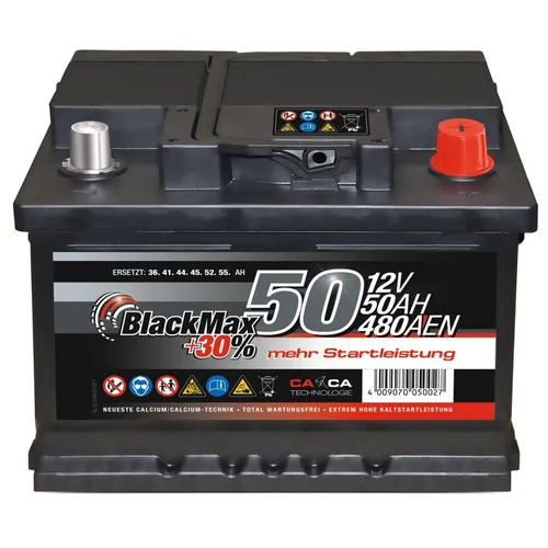 BlackMax 12V 50Ah Autobatterie - Wartungsfreie Premium-Starterbatterie mit 30% mehr Leistung, ideal für PKW und LKW. Ausgezeichnete Kaltstartleistung und schnelle Ladefähigkeit, perfekt für extreme Wetterbedingungen.