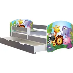 ACMA Kinderbett Jugendbett mit Einer Schublade und Matratze Grau mit Rausfallschutz Lattenrost II (01 Zoo, 160x80 + Bettkasten)