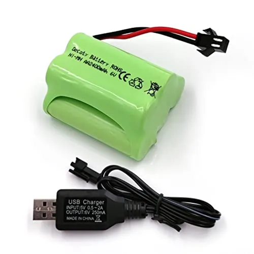 Gecoty® 6V NiMH Akku, Wiederaufladbare 2400mAh AA Batterie mit SM Stecker und Ladekabel für RC Truck, amphibisches ferngesteuertes Auto, Solarlicht, Bergmannslampe
