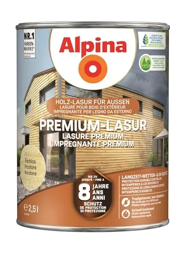 Alpina Premium-Lasur Farblos 2,5 Liter seidenmatt - Lacke für Holzschutz und -verschönerung, bietet langanhaltenden Schutz und eine seidenmatte Oberfläche für ein edles Finish.
