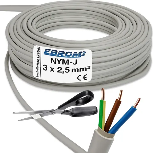 EBROM - 20 Meter NYM-J 3x2,5 mm2 - Installationskabel - Mantelleitung - Installationsleitung - grau