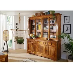 Buffet OXFORD aus Akazie 204x50x220 honig lackiert - Elegantes Buffet im Kolonialstil aus massivem Akazienholz mit 12 Fächern, 9 Schubladen und 4 Türen. Ideal für stilvollen Stauraum und praktische Organisation. Entdecken Sie weitere Massivholzmöbel der Serie OXFORD!