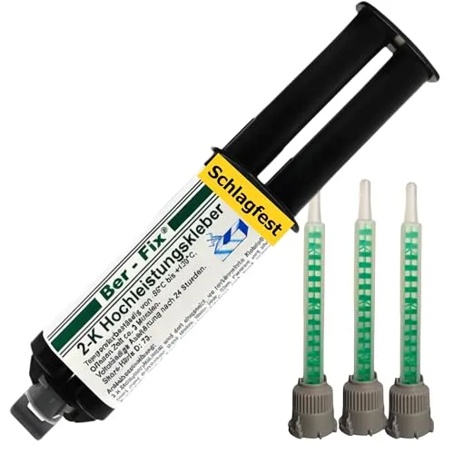Ber-Fix 25g 2K Hochleistungskleber EXPRESS 3 Min 2K Kleber Kunststoff Metallkleber Extra Stark + 3 Spitzen Metall Pvc GfK Holz Epoxid Harz frei auch als Kunststoff Spachtelmasse verwendbar