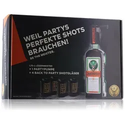 Jägermeister Kräuterlikör 35% Vol. 1,75l - Geschenkbox mit Partypumpe und 4 Shotgläser, ideal für die nächste Feier oder Party