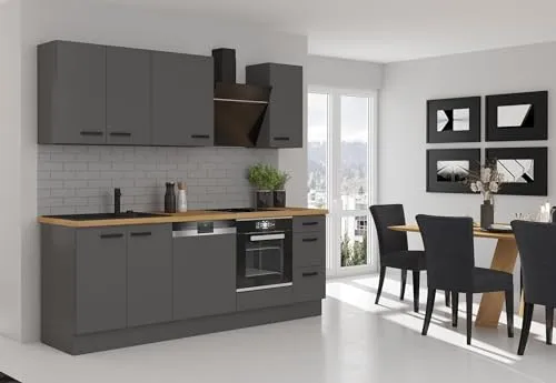 Küche NESSA Basic 240 cm Anthrazit Grau - Küchenzeile im modernen Design, bietet viel Stauraum und ein hervorragendes Preis-Leistungs-Verhältnis für Ihre Traumküche.