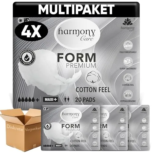 Harmony Care Inkontinenz-Einlage Maxi+ Unisex – 80 Stück - Anatomisch geformte Inkontinenzvorlage für starke Inkontinenz. Mit hoher Saugstärke von bis zu 3400 ml bietet sie Sicherheit und Komfort im Alltag. Ideal für Pflegekräfte und Betroffene.