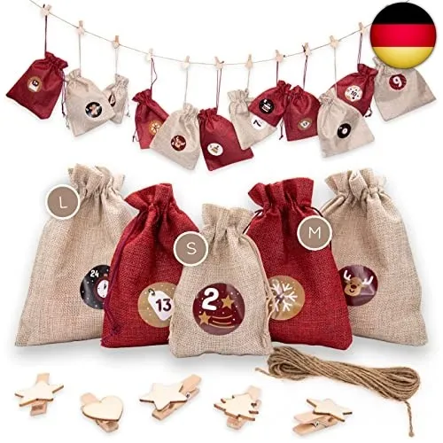 DIY Adventskalender-Set zum Befüllen - 24 beige und rote Stoff-Säckchen mit Z