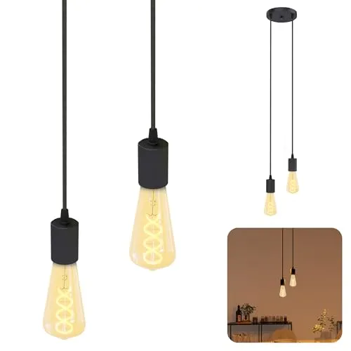 SSC-LUXon PARU Pendelleuchte Vintage 2-flammig schwarz - Design Hängelampe mit Textilkabeln inkl. 2x E27 LED Edison extra warmweiß