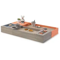 Muddy Buddy Sandkasten 'Flexy-Style' - Sandkasten aus massivem Zypressenholz, flexibel aufstellbar, mit Kunststoffwanne für Sand und Wasser, inkl. Staufach und Sitzfläche, ideal für kreative Spielstunden im Garten.