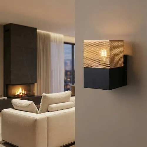 Industrielle Wandleuchte Schwarz Gold E27 - Moderne Wandleuchte aus robustem Metall, ideal für Wohnzimmer und Flure. Der goldene Schirm mit Mikro-Perforation sorgt für stimmungsvolles Licht. Kompakt und vielseitig einsetzbar, für individuelle Leuchtmittelwahl.