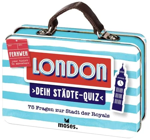 moses. Dein Städte-Quiz London – 75 Fragen zur Stadt der Royals, Kartenset mit Fragen und Bildern rund um Sehenswürdigkeiten, Geschichte und Kultur, in einer Blechdose (Fernweh)