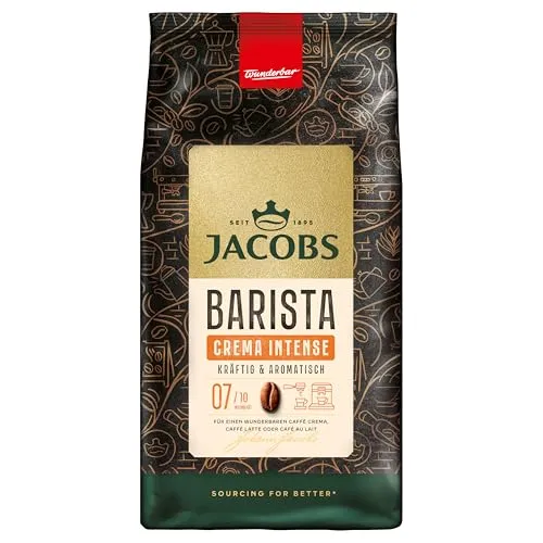 Jacobs Barista Crema Intense Kaffeebohnen 1kg – Intensiv mit dunkler Schokolade - Geröstete Kaffeebohnen mit intensiven Aromen von dunkler Schokolade und Pekannüssen. Ideal für Café Crema, nachhaltig produziert und perfekt für Siebträgermaschinen.