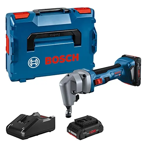 Bosch Knabber GNA 18V-16 E, Professional, Akku mit 2 ProCore Akkus - Akku-Schneider für Stahl- und Aluminiumbleche, ergonomisch mit Softgrip für komfortables Arbeiten. Inklusive 2 ProCore Akkus, Schnellladegerät und Transportkoffer.