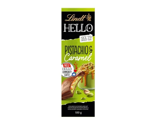LINDT Schokolade, Lindt HELLO Tafel Pistachio Crunch und Salted Caramel Packung 100g