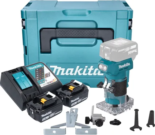 Makita DRT 52 RFJ Akku Kantenfräse 18 V - Fräsen für präzise Holzarbeiten, bürstenloser Motor für hohe Effizienz und LED-Arbeitslicht für bessere Sicht.