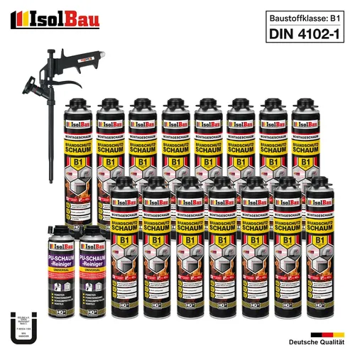 Brandschutzschaum B1 15x750ml mit 2 Reiniger und Montageschaum - Hochwertiger Brandschutzschaum B1 für Abdichtungen und Isolierungen. Hohe Ausbeute und beständig gegen hohe Temperaturen. Ideal für Innen- und Außenbereiche, geprüft durch MFPA Leipzig.