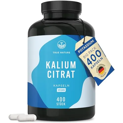 Potassium/Kalium 400 Kapseln - TRUE NATURE - Kaliumpräparate mit 400 Kapseln für 200 Tage. Enthält 800mg bioverfügbares Kaliumcitrat pro Tagesportion zur Unterstützung der Elektrolyt-Balance und Muskelfunktion. Vegan und ohne unerwünschte Zusätze.