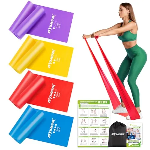 GYMERK Fitnessbänder Set 4er, 1.8M/2M Fitnessband, 4 Widerstandsstufen mit Übungsposter, Gymnastikband mit Tragetasche & Übungsanleitung, Ideal für Yoga, Pilates, Muskelaufbau