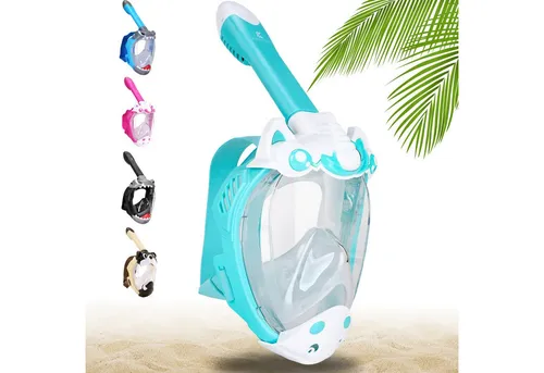 Khroom Schnorchelmaske für Kinder ab 3 Jahren - TÜV geprüft & CO2 sicher (Einhorn Mint) - Taucherbrille für Kinder, TÜV-geprüfte Sicherheit und Unterstützung beim Schwimmenlernen durch innovatives Atmungssystem. Ideal für entspannte Schnorchelausflüge.