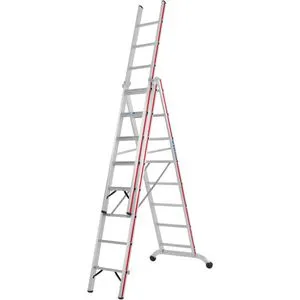 Hymer Mehrzweckleiter 604724 - 3-teilig, Treppenleiter mit 8 Sprossen - Aluminium Mehrzweckleiter, bis 150 kg belastbar, ideal für vielseitige Anwendungen als Anlege-, Schiebe- und Stehleiter. Max. Arbeitshöhe 6,35 m, Made in Germany.