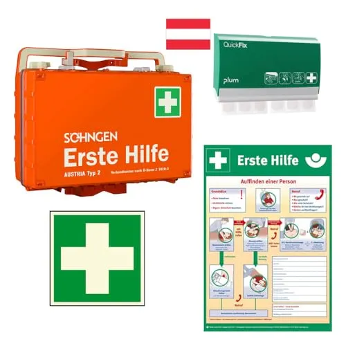 TMS PRO SHOP Erste-Hilfe-Koffer DYNAMIC-GLOW L, orange, Ö-Norm Typ 2, mit Wandhalterung, Pflasterspender und Zubehör, Art.-Nr. 610508 | Verbandskasten | Notfallkoffer | Erste Hilfe Kasten