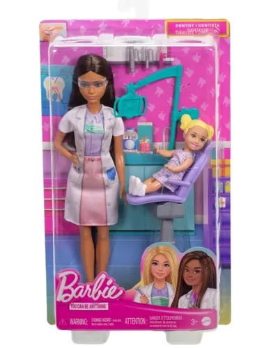 Lalka Barbie Lekarz Dentystka z pacjentem ciemne włosy Mattel 194735275281