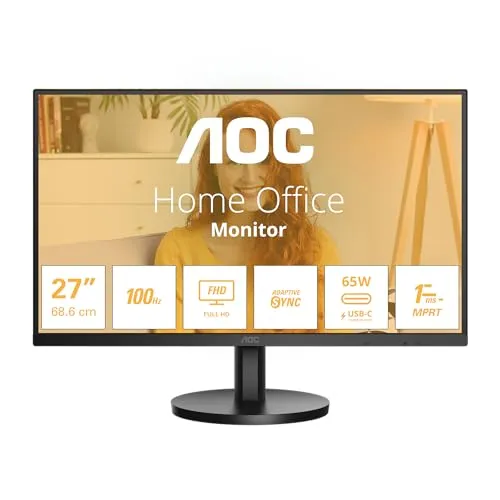 AOC 27B3CA2 - 27 Zoll Full HD Monitor, USB-C mit 65 W Power Delivery und integrierten Lautsprechern, flickerfrei für hohen Sehkomfort