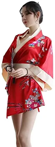 HNYBD Damen Japanischer Kimono Sexy Traditionelle Robe Dessous Yukata Damen Kostüme Pyjama, rot, One size