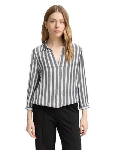 TOM TAILOR Damen Bluse 1047179 - Offwhite Navy Vertical Stripe - Stylische gestreifte Bluse im Crincle-Style mit V-Ausschnitt und Kordelzug, ideal für einen lässigen Look. Perfekt für jede Gelegenheit!