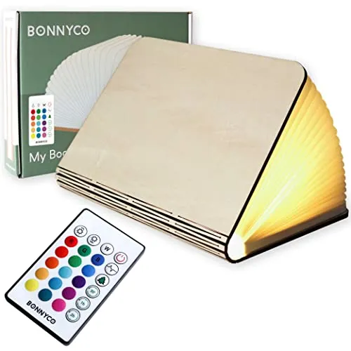 BONNYCO Buchlampe Holz mit Farbwechsel - Stimmungslichter mit 16 Farben, Timer und Fernbedienung. Ideal als dekorative Lampe für Wohnzimmer und Schlafzimmer, perfekt als Geschenk für jeden Anlass.