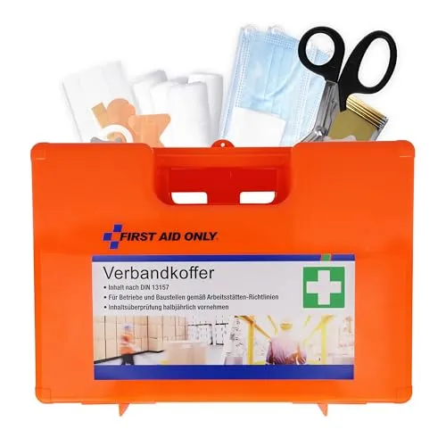 First Aid Only Erste Hilfe Koffer DIN 13157 - Erste-Hilfe-Set für Betriebe und Haushalte, gefüllt nach DIN 13157 mit Wandhalterung und 90°-Arretierung für einfache Handhabung.