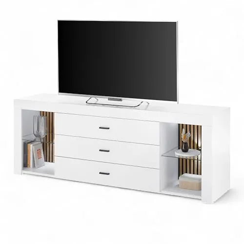 Rosalie TV-Lowboard mit LED-Beleuchtung in Weiß, Evoke Eiche Optik - TV Schrank mit viel Stauraum für Ihr Wohnzimmer - 179 x 67 x 44 cm (B/H/T)