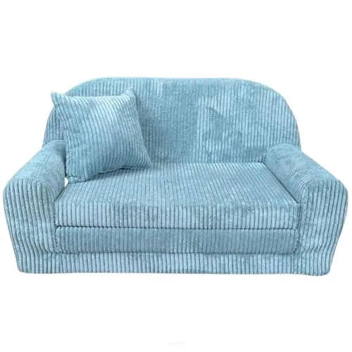 FORTISLINE Kindersofa Rosalia Mini - Ausklappbares Sofa in Türkis - Sofas fürs Kinderzimmer, Oeko-TEX zertifiziert und mit hochwertiger Schaumstofffüllung für maximalen Komfort und Sicherheit beim Spielen und Entspannen.