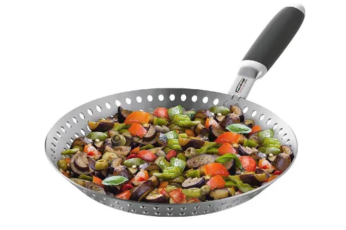 Gemüse- Grillpfanne Lochpfanne mit abnehmbarem Griff - Grillschale für Gemüse, Ø 30,5 cm, spülmaschinenfest und ofengeeignet für müheloses Grillen und Backen.