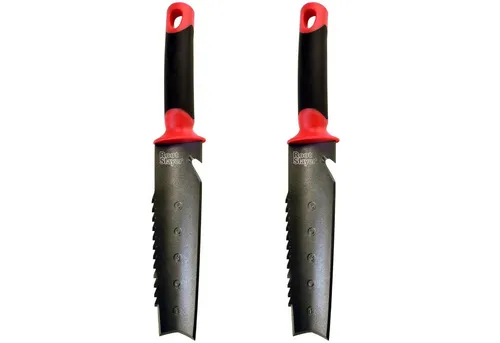 Root Slayer® Pflanzkelle Radius Unkrautjäter, (Spar-Set, 2 St., V Klinge mit Zähnen zum Schneiden der Wurzeln), Wurzel Erdmesser, Bodenmesser multifunktional aus Kohlenstoffstahl