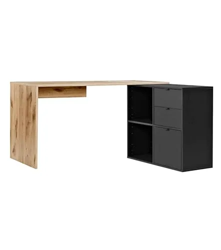 mokebo Eckschreibtisch Der Produktive: PC Tisch groß in Eiche/Schwarz mit Stauraum - Kinderschreibtische, konfigurierbar in Größe und Farbe, ideal für kreative Ideen und platzsparende Lösungen.