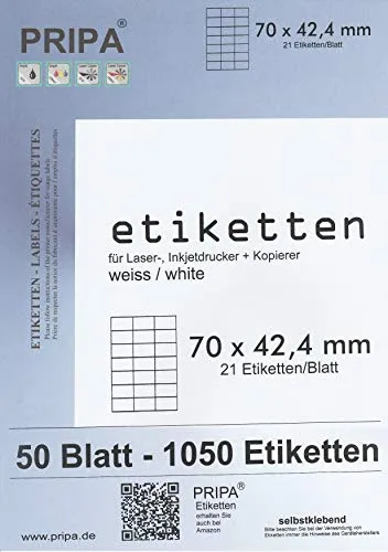 pripa Etikettenformat 70 x 42,4 mm 50 Blatt DIN A4 Selbstklebende Etiketten (50)