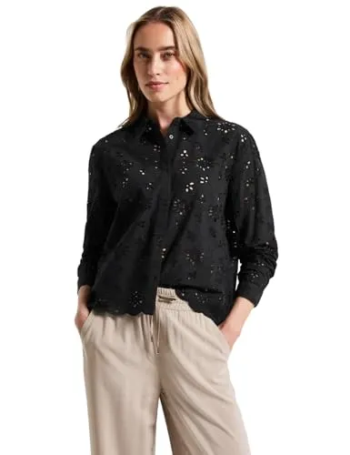 Street One Damen A345738 Hemdbluse mit Lochstickerei, Schwarz, 38 - Blusen & Tuniken für Damen, leichte Transparenz und dekorative Lochstickerei aus reiner Baumwolle für einen sommerlichen Look.